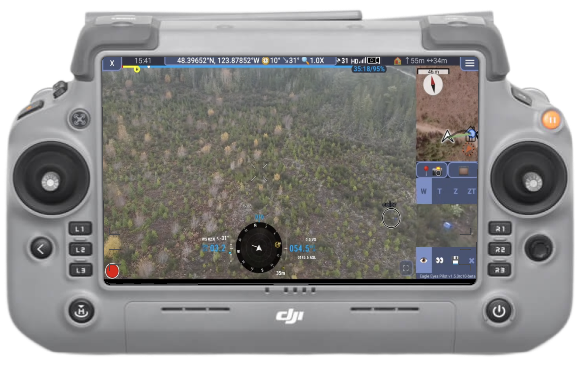 Eagle Eyes Pilot running as the full piloting app on a DJI RC Plus 2 controller, with a color detection circled