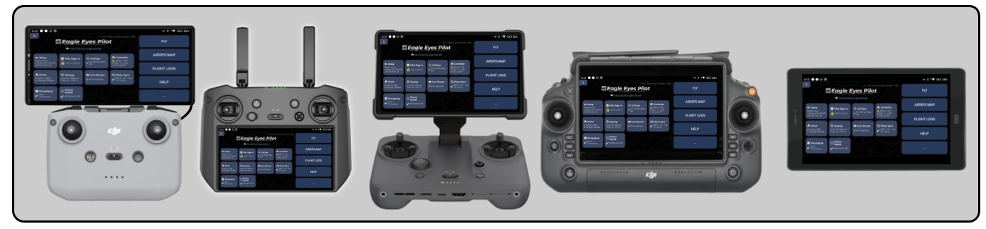 Eagle Eyes Pilot running on a range of DJI drone controllers and on an Android Air Ops tablet