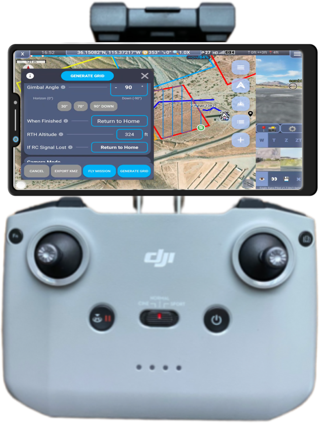 Eagle Eyes Pilot mission planning on a DJI RC-N1 controller, generating a grid mission